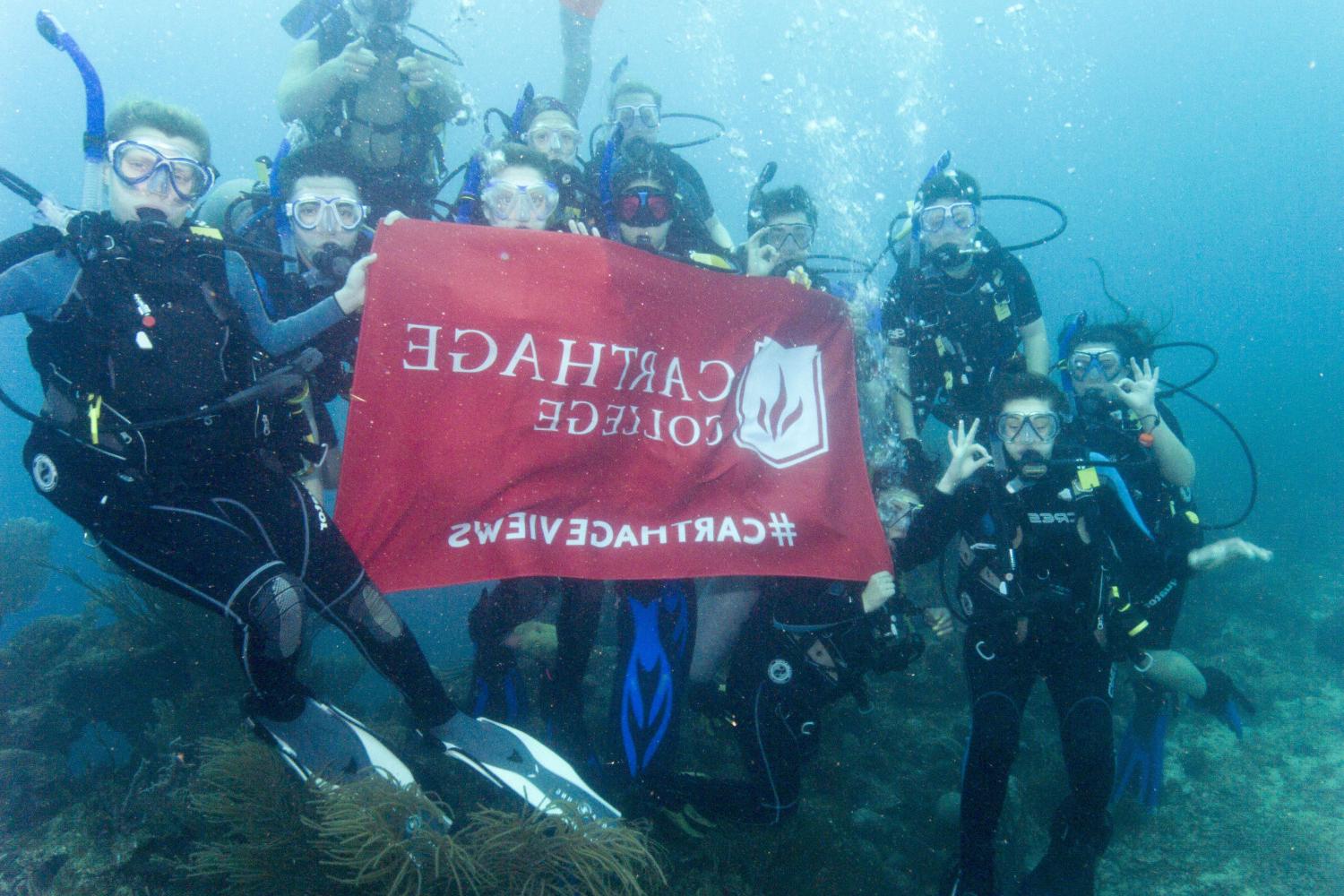 学生们手持<a href='http://9942.daves-studio.com'>bv伟德ios下载</a>旗帜，在j学期洪都拉斯游学之旅中潜水.